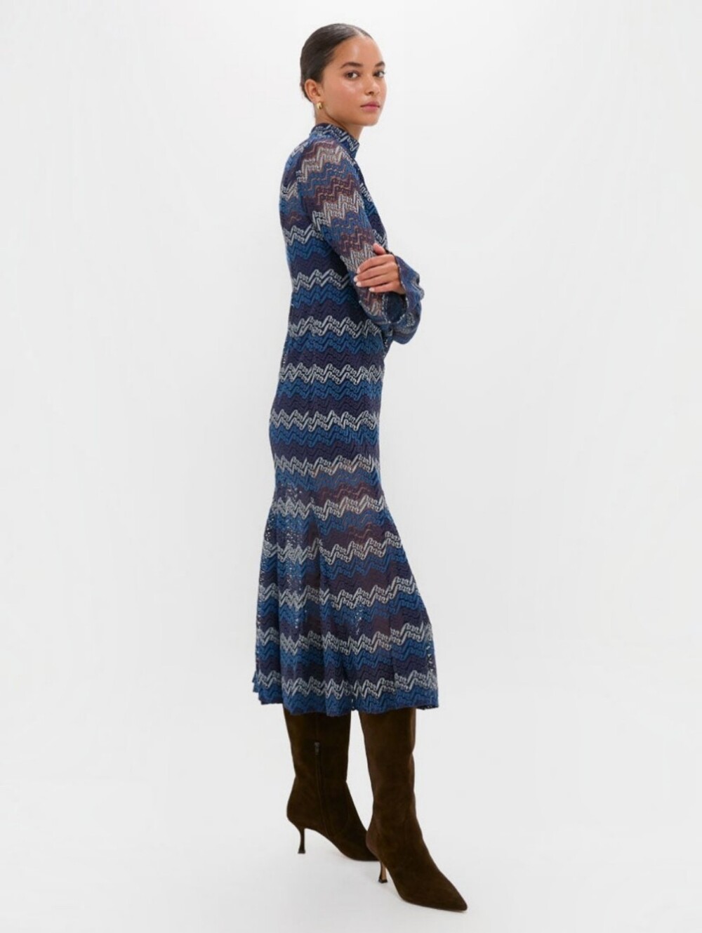 En Saison Lorrae Navy Tonal Zigzag/Chevron Pattern Lace Midi Dress, M, Boho Fall - Picture 10 of 16